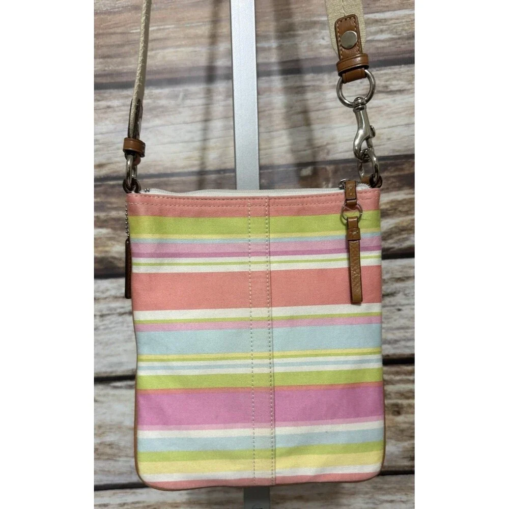 Coach Pastel Striped Crossbody Shoulder Bag Zip Closure Detachable Strap